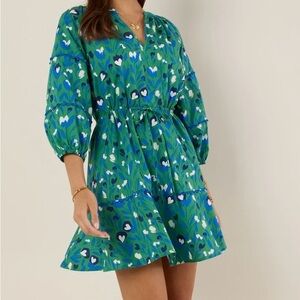 Avara Sugar lips Green Floral Print V-Neck Tiered Mini Dress XS